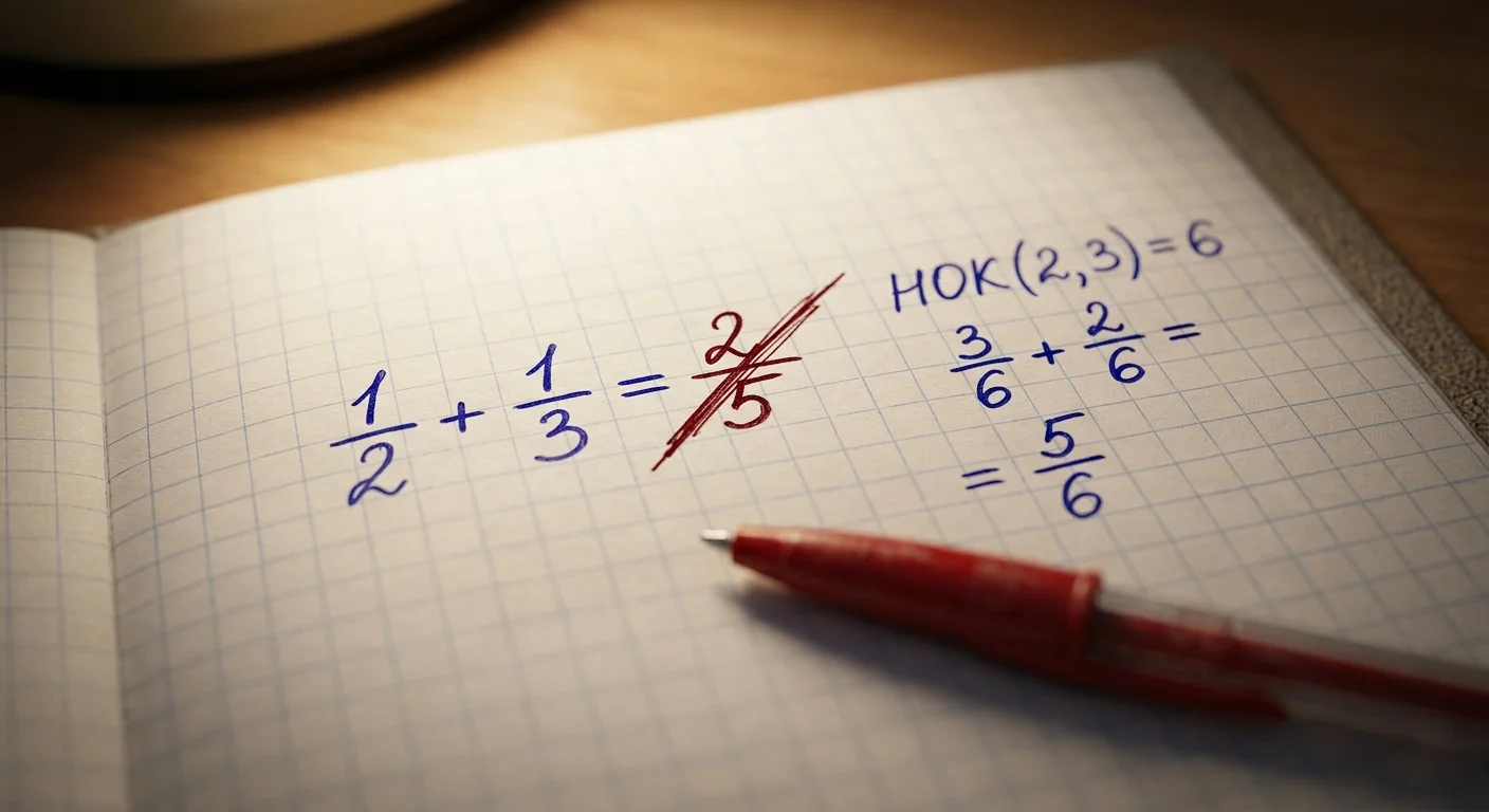 Школьная тетрадь с решением примеров на сложение дробей — типичная ошибка сложения числителей и знаменателей напрямую исправлена красной ручкой учителя.