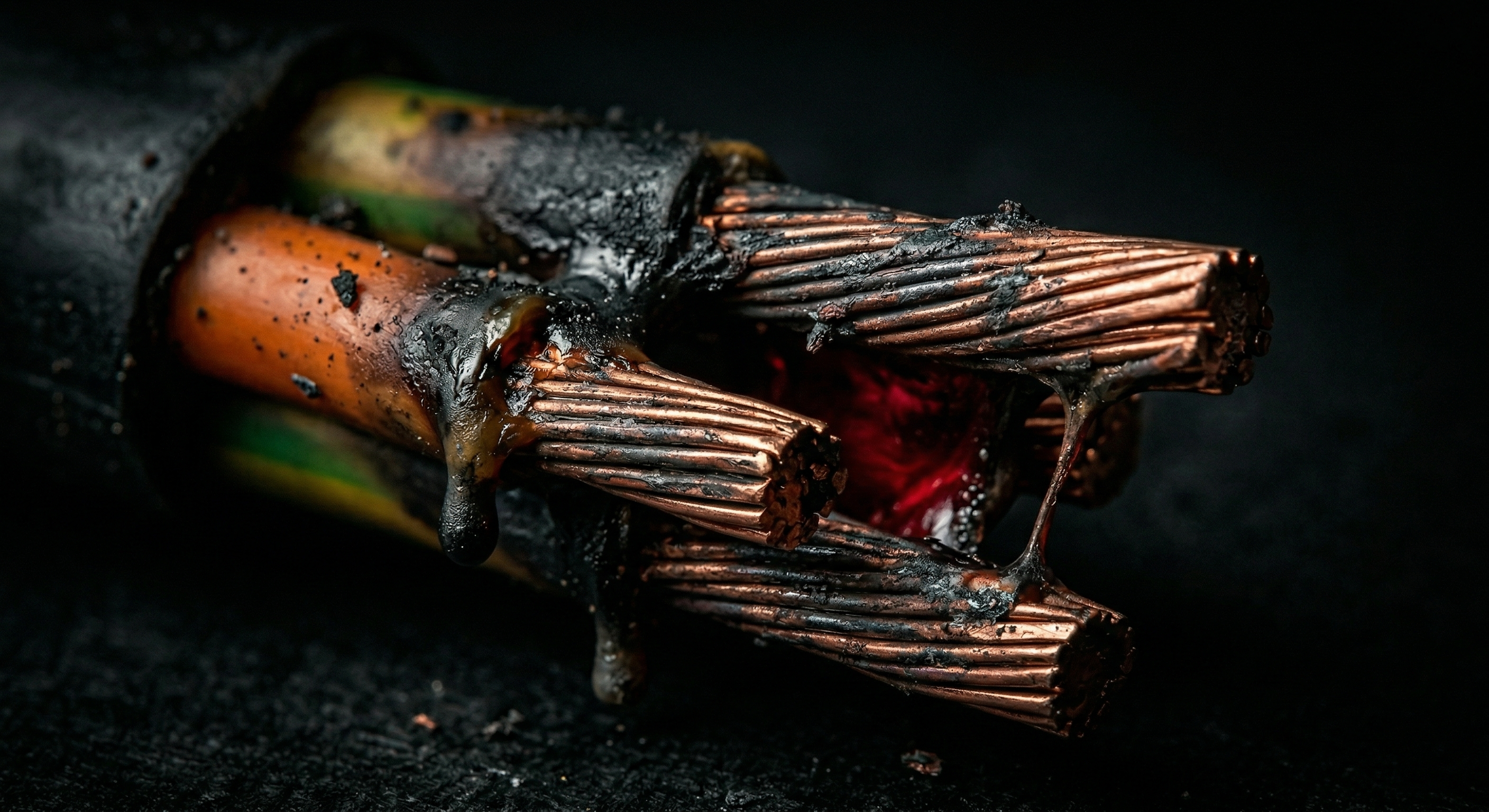 Оплавленная изоляция медного кабеля из-за превышения допустимой мощности и неправильно подобранного автомата защиты.