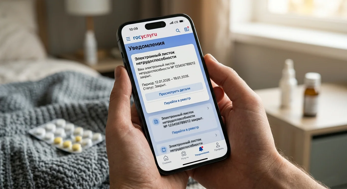  Уведомление о закрытии электронного листка нетрудоспособности на экране смартфона через приложение Госуслуг — именно так в 2026 году работник узнаёт об открытии прямой выплаты от СФР.