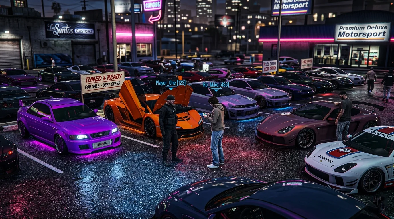 Шумный автомобильный рынок в GTA 5 RP: место, где новички теряют вирты, а профессиональные перекупы делают состояния.
