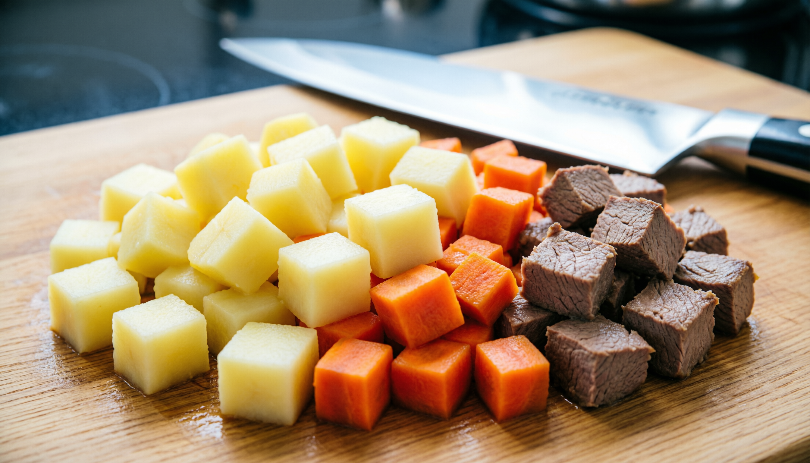 Идеальная нарезка ингредиентов для классического оливье одинаковым кубиком 8 мм — главный секрет равномерного вкуса салата.