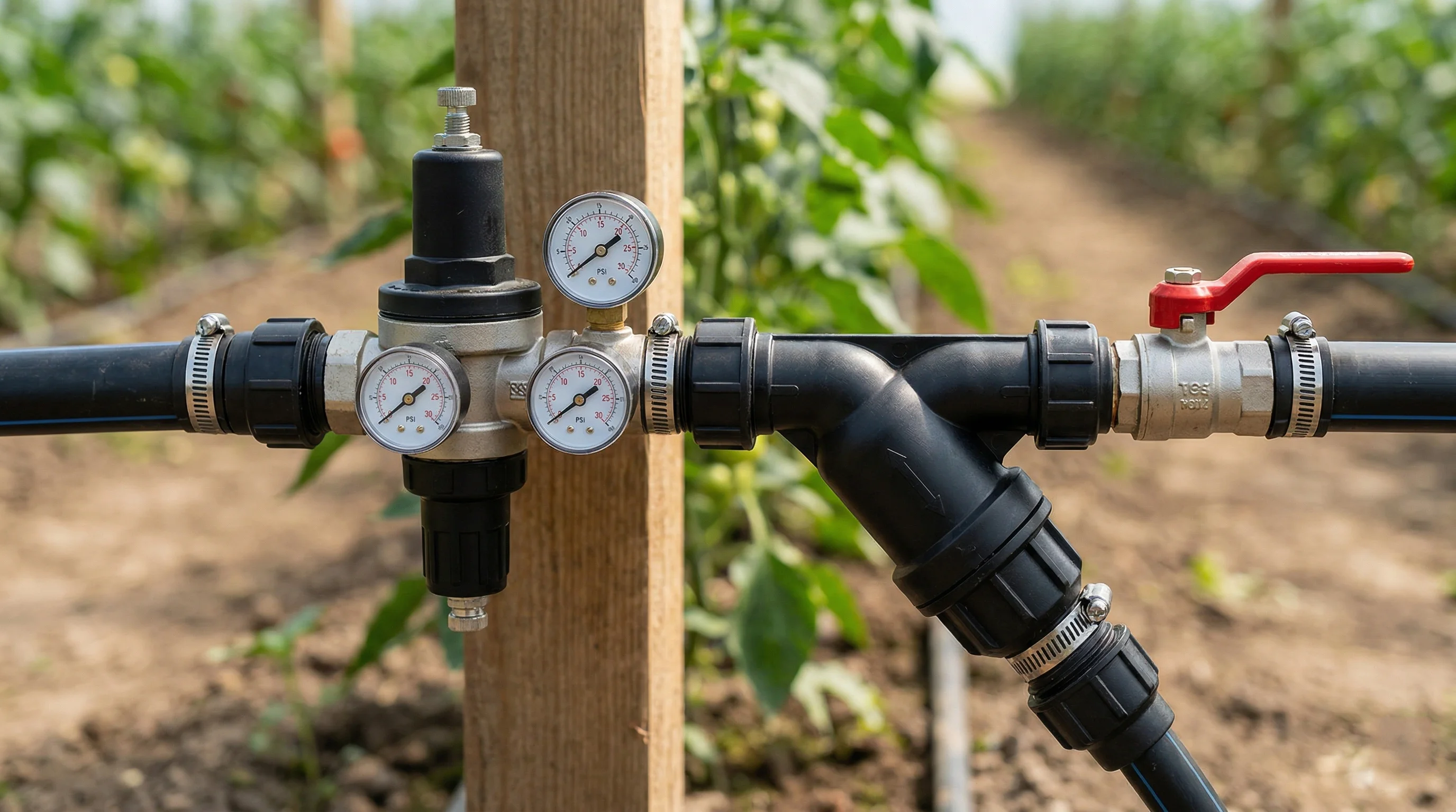 Узел подключения капельного орошения: редуктор давления и дисковый фильтр на входе в систему — обязательные элементы при питании от скважины или водопровода