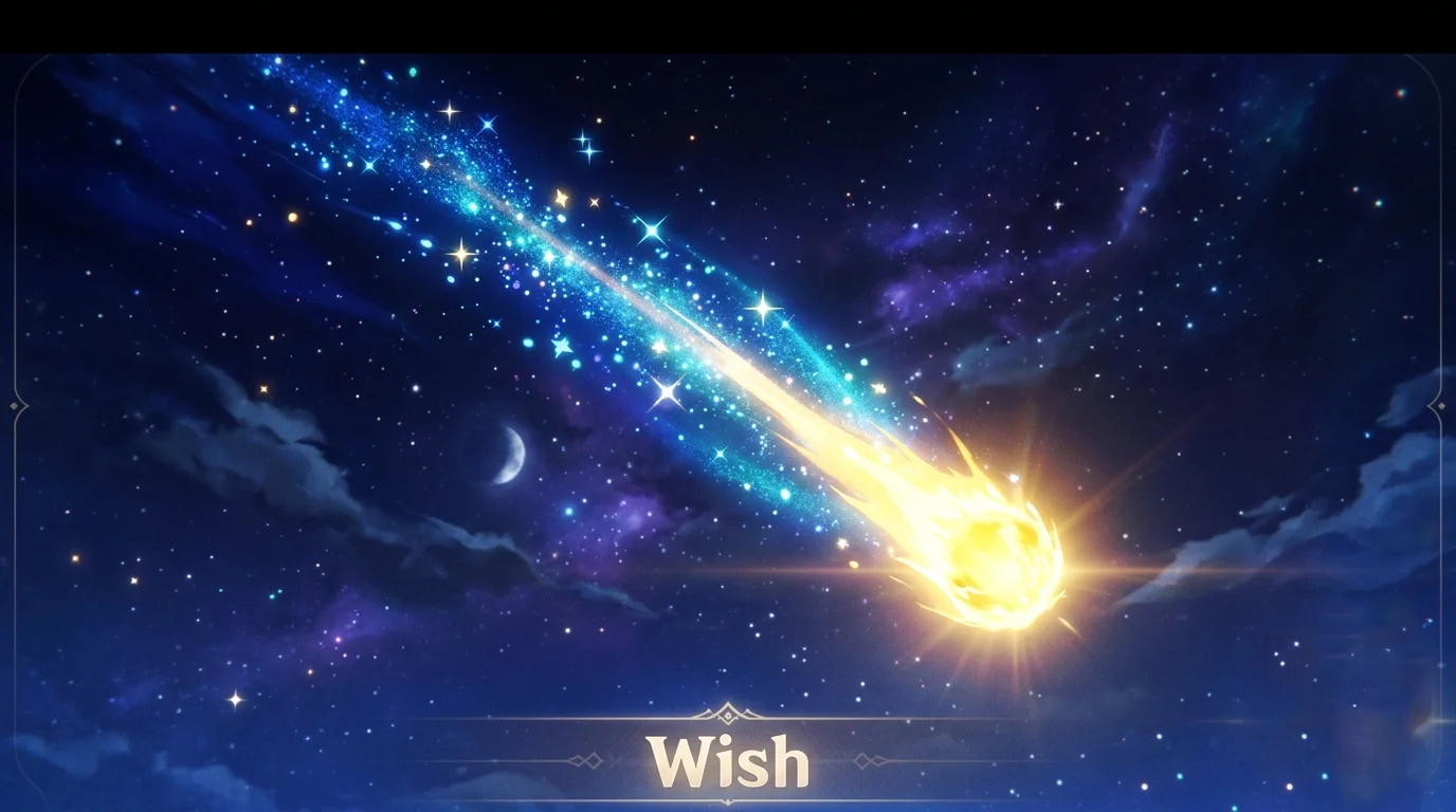 Анимация падающей золотой кометы — главный символ получения 5-звездочного персонажа в Genshin Impact на софт-пити.