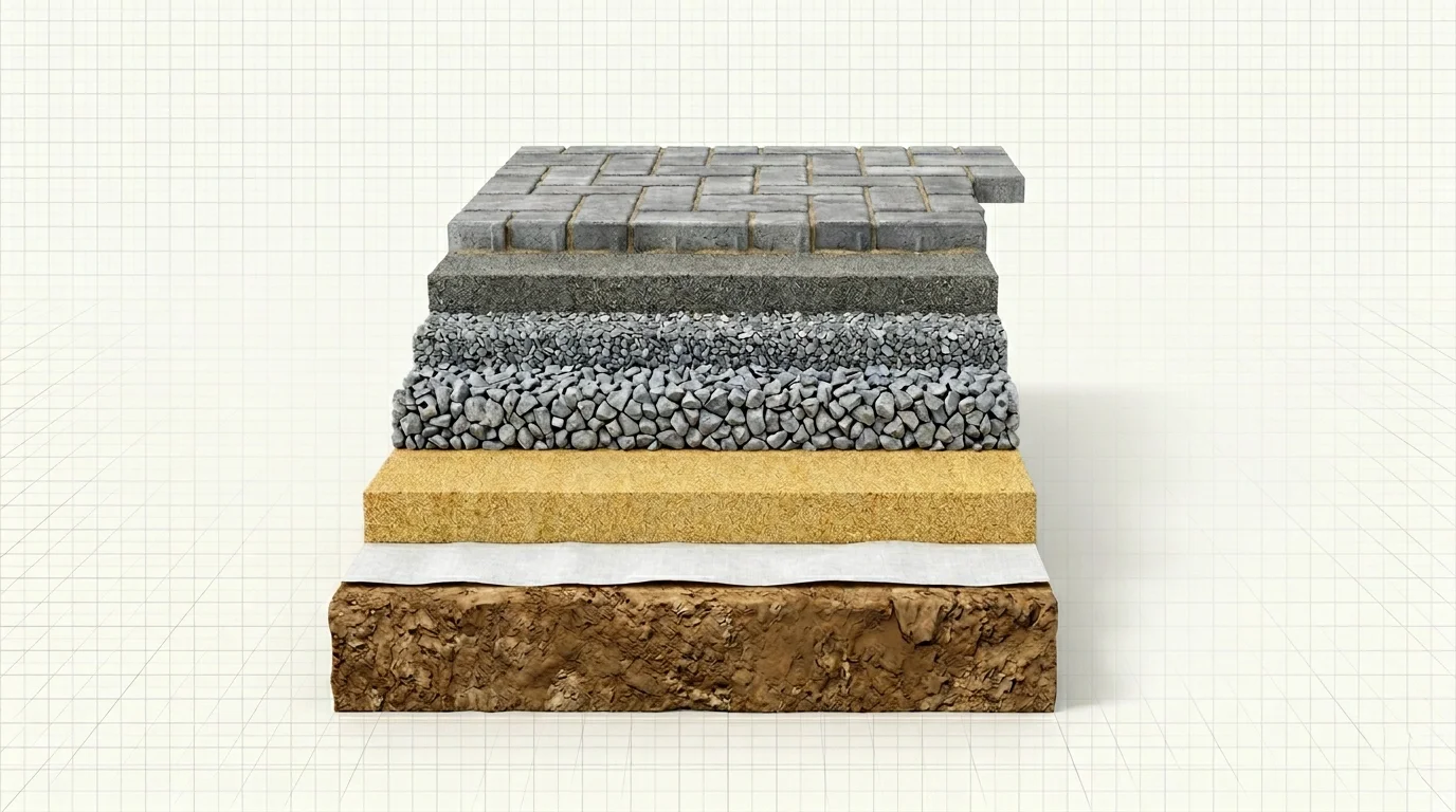 Пирог основания для парковочной площадки из брусчатки: послойная схема геотекстиль — песок — щебень 20–40 — расклинцовка — ЦПС.