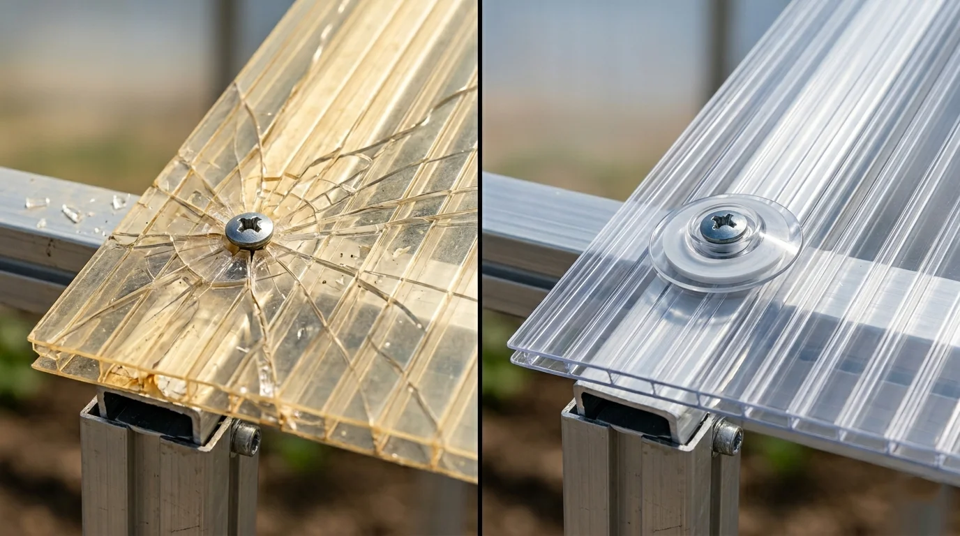 Трещины у точек крепления поликарбоната — классическая ошибка жёсткого монтажа без термошайб. Лист не может компенсировать термическое расширение и разрушается изнутри.