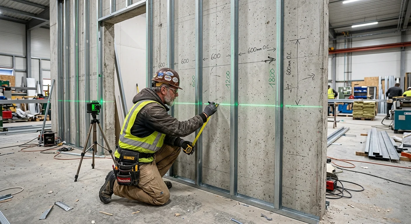 Замер периметра стены под монтаж металлокаркаса из профилей CD и UD с разметкой проёмов и ниш