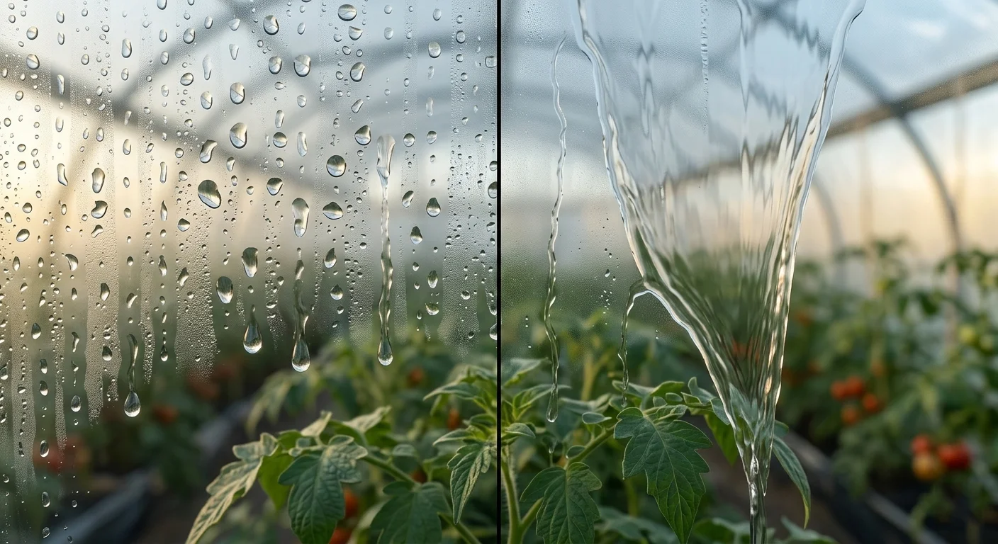 Разница между пленкой без антифога (крупные капли конденсата) и профессиональной EVA-пленкой с антиконденсатным слоем — вода стекает ровной плёнкой, не попадая на растения.
