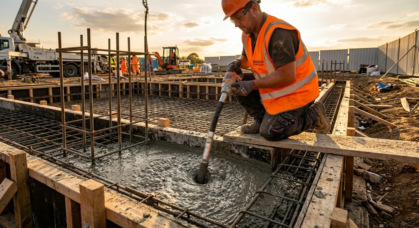 Рабочий уплотняет бетонную смесь глубинным вибратором при заливке ленточного фундамента, пузыри воздуха выходят на поверхность