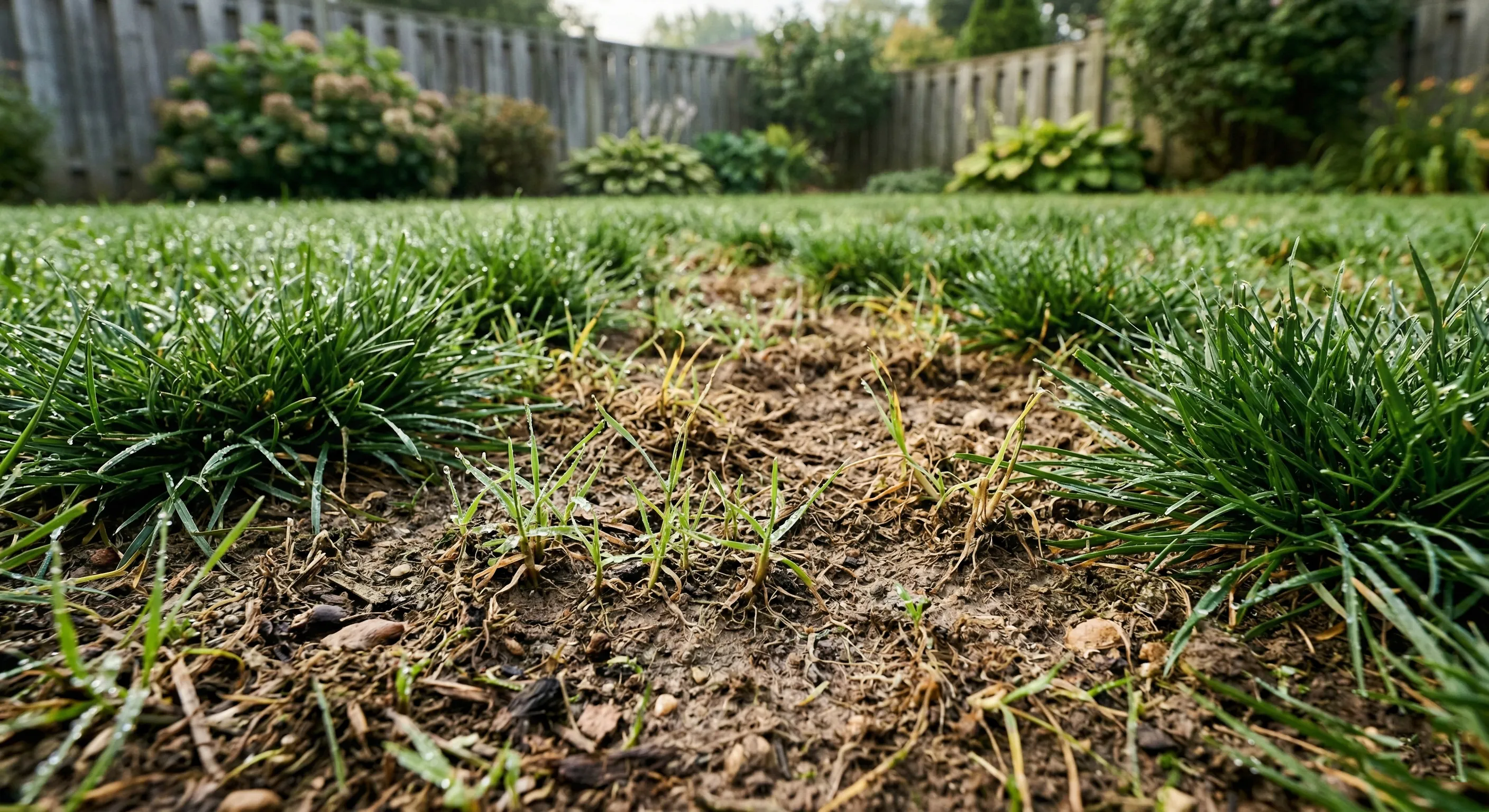 Газон с проплешинами после загущённого посева — классическая ошибка при игнорировании площади питания злаков