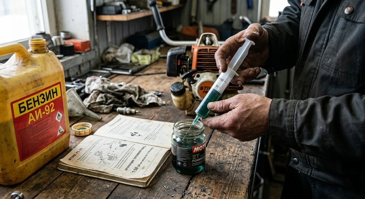 Приготовление топливной смеси для 2Т-двигателя — точное отмеривание масла медицинским шприцем перед добавлением в канистру с бензином АИ-92.