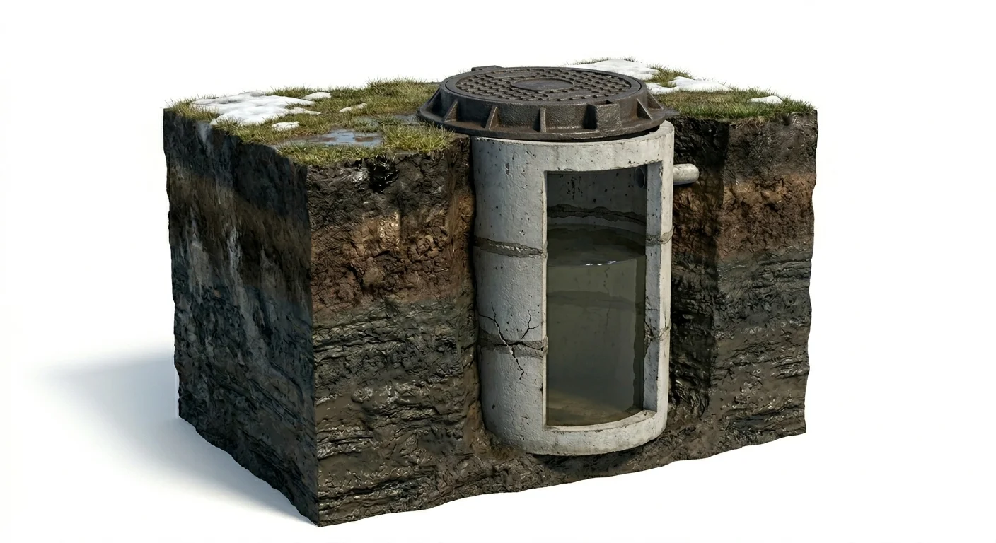 Затопленный бетонный септик из колец весной. Классическая ошибка проектирования без геологического анализа участка.