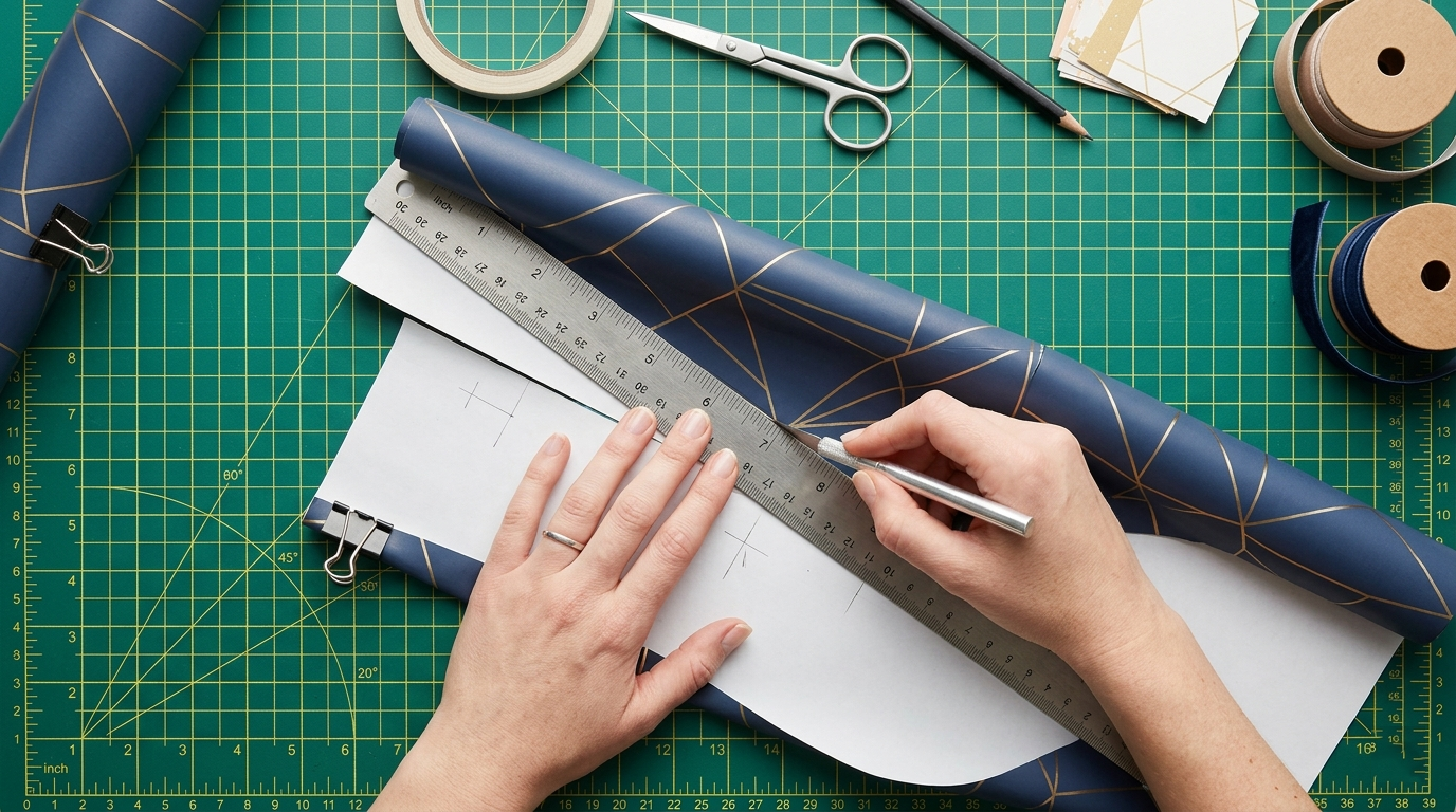 Раскрой подарочной бумаги на разметочном коврике защищает от кривых линий и смещения паттерна.