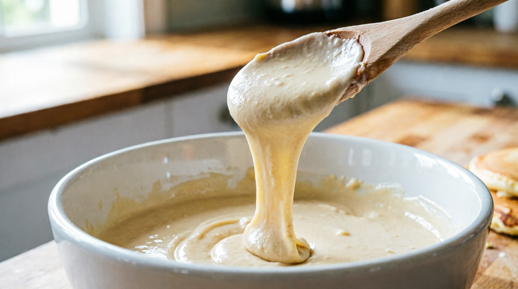 Правильная консистенция блинного теста — оно стекает с ложки ровной лентой, без разрывов.