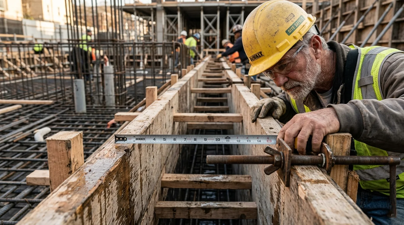 Прораб с рулеткой замеряет ширину щитовой опалубки перед заливкой фундамента, контроль деформации щитов