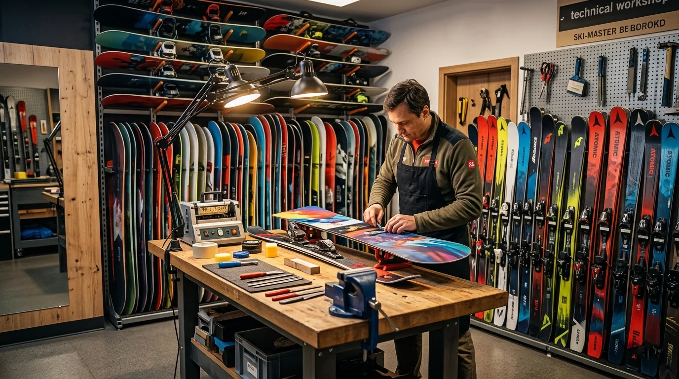 Профессиональный ски-мастер в мастерской подбирает снаряжение, учитывая жёсткость, ширину талии и вес спортсмена.