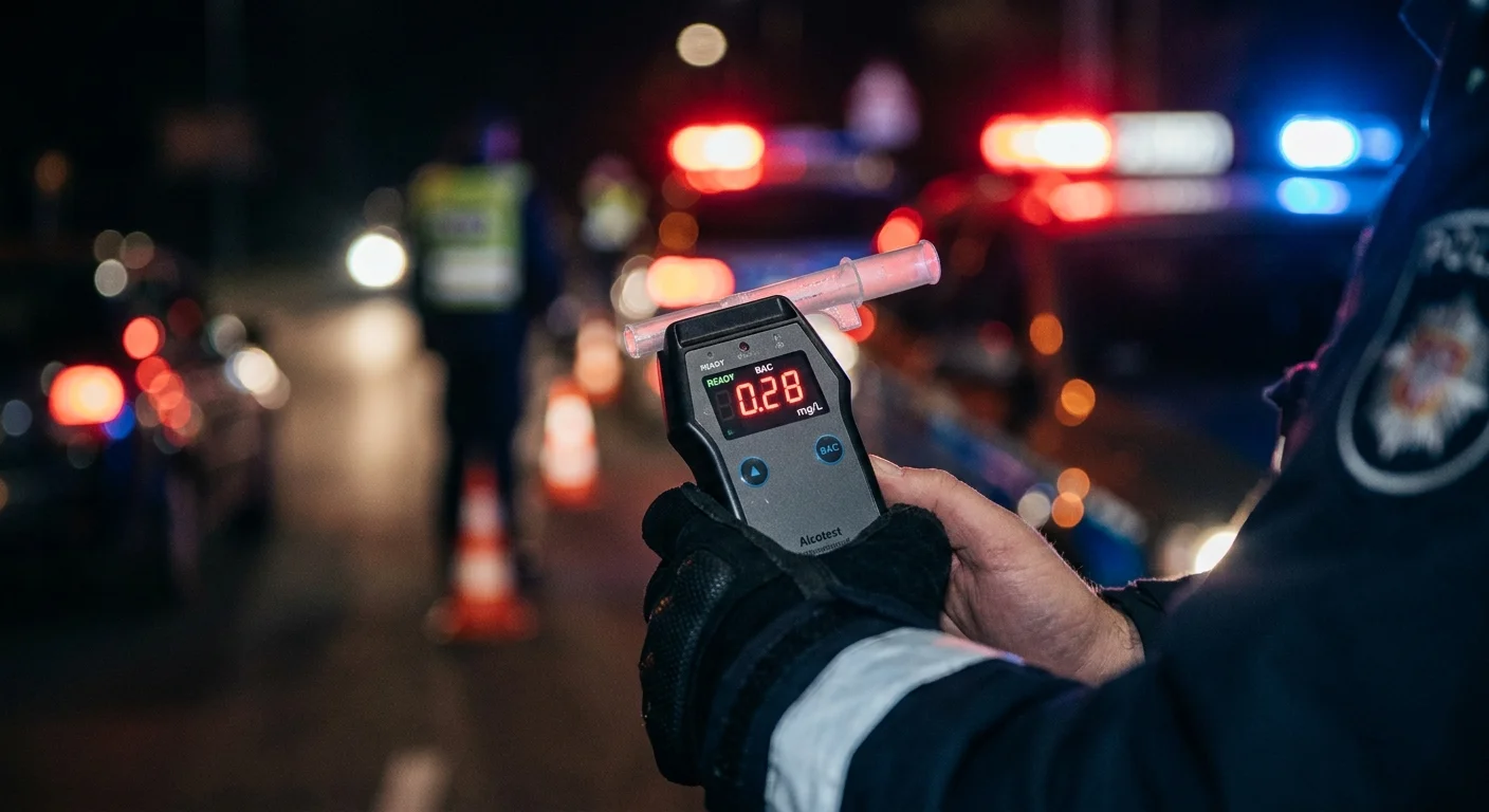 Инспектор ГИБДД проводит проверку водителя на алкотестере на ночной дороге — остаточный алкоголь в крови не ощущается субъективно.