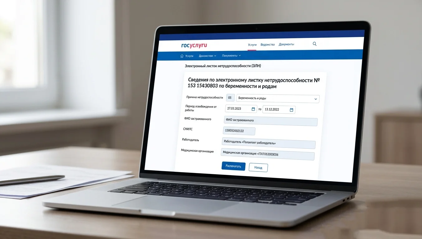  Электронный листок нетрудоспособности по беременности и родам на экране портала Госуслуг — с 2022 года ЭЛН полностью заменил бумажный больничный и передаётся в СФР автоматически.