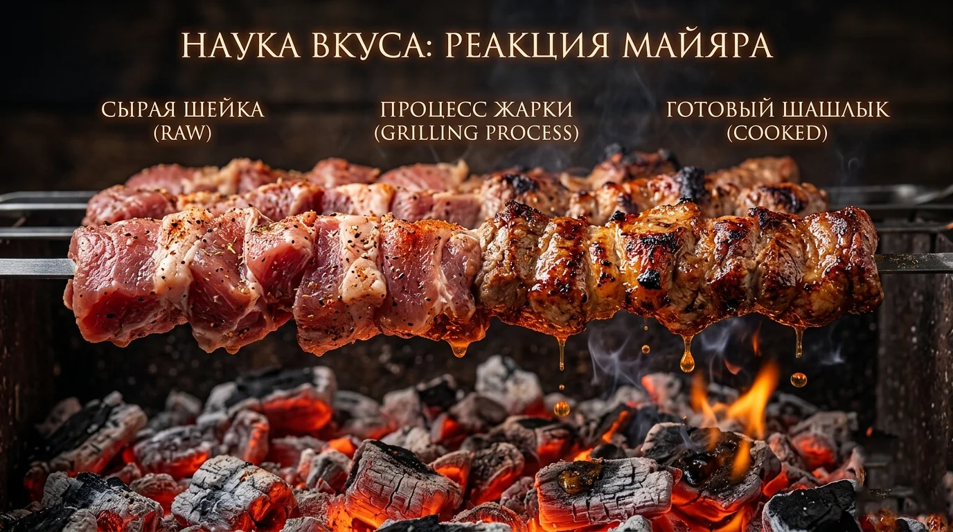 В процессе температурной обработки на углях мясо теряет до 35% своей первоначальной массы за счет испарения влаги и вытапливания жира.