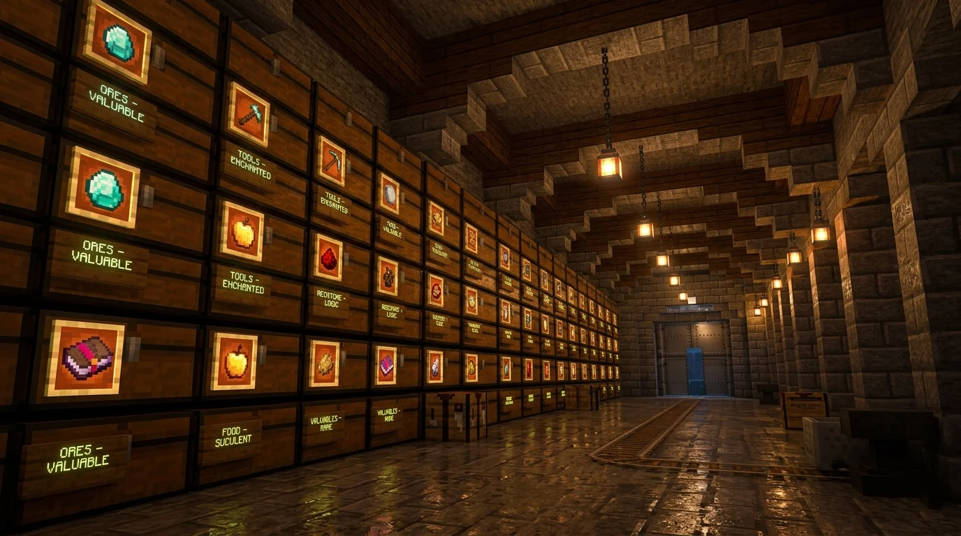 Организация огромного склада в Minecraft: двойные сундуки, рамки с предметами и таблички для удобной навигации.